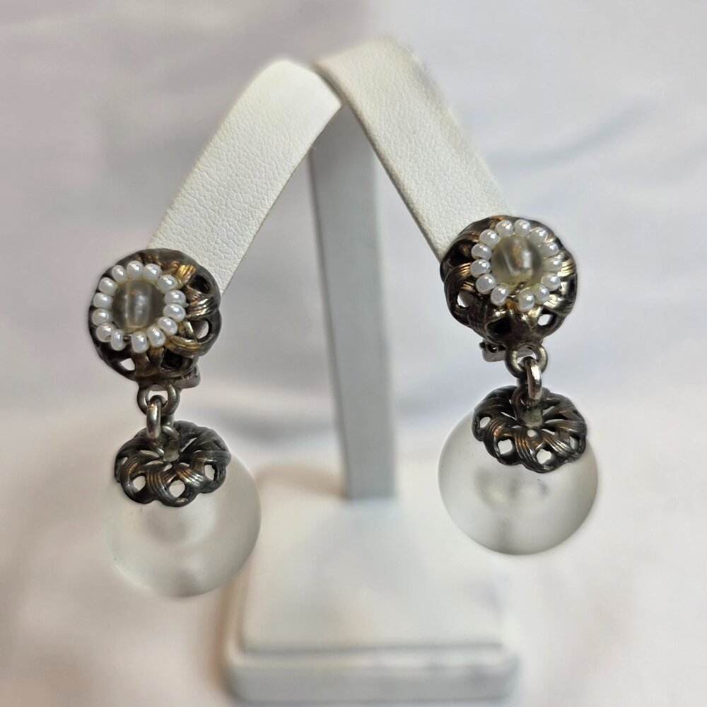 Vintage Buonanno Silver Tone Clip On Dangle Earrings Frosted Lucite Balls